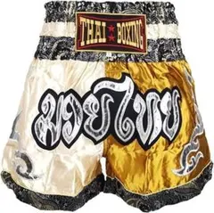 ムエタイパンツ 無地 キックボクシング 格闘技 男女兼用(金白, M)