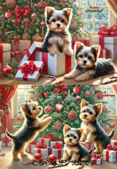 パネル生地 犬 ヨーキー ヨークシャテリア　クリスマス