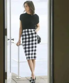 23区　ニジュウサンク　スカート　ギンガムチェック　黒　白　リネン　麻　38