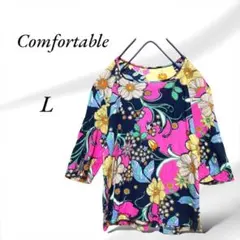 A286.コンフォータブル/トップス【L】ベースネイビー/大きい花、草、総柄