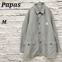 パパス✩M フロント釦カバーオール リネン＆コットン ポケット ロゴ グレー