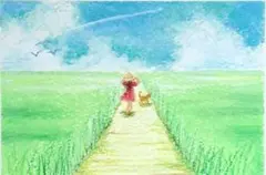 ふたりで歩く、みどり色　オイルパステル画　ハガキサイズ　原画のみ#161