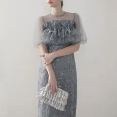 3WAYチュールラッフルフラワースパンコールIラインワンピースドレス