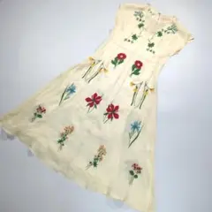 タグ付き　シビラ　リネンシルク混　ノースリーブワンピース　L　透け感　刺繍　花柄