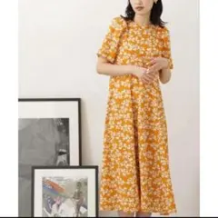 ナノユニバース　花柄 半袖 ロングワンピース マスタード