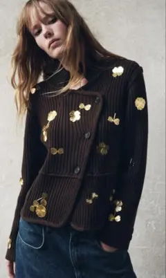 ZARA ゴールドフラワーニット カーディガン　Ｍサイズ　新品未使用タグ付き