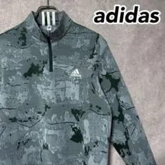 adidas アディダス 総柄 ハーフジップ シャツ ロゴ 長袖 グリーン系 M