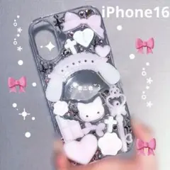 【iPhone16】スマホケースデコ‪ デコ電 デコケース ピンク 猫