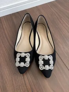 神戸レタス ビジュー付き 黒 フラットシューズ Mサイズ