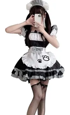 メイド服 黒と白 フリル付き コスプレ セクシー 可愛い ロリータ 猫