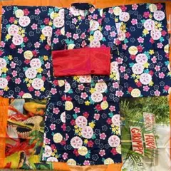 美品　マザウェイズ　紺花柄　ゆかた　140サイズ　子供用　赤い帯付き　浴衣