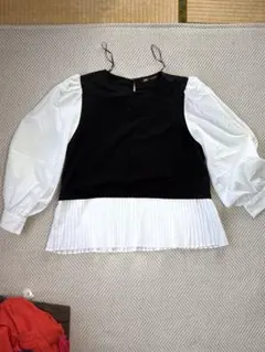 ZARA 長袖シャツ L 黒/白 プリーツ付き