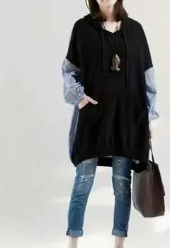 ストライプ切り替え フード付きパーカーワンピース ゆったり 体型カバー