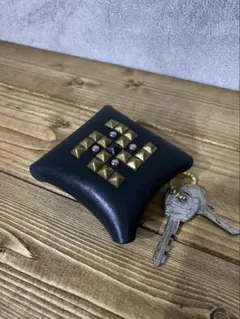 006 本革 真鍮 スクエア型コインケース キーホルダー ブラック色 牛革