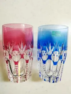 新品未使用、Hoyaクリスタル、色被せ切子グラス、二個セット、本物保証、送料無料 HOYA CRYSTAL 色被せ 切子ロックグラス ペア 廃盤最高峰 未使用品