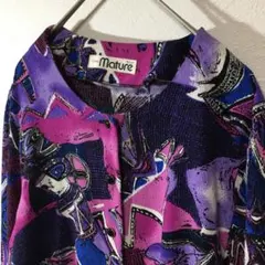 【個性派古着】日本製　長袖総柄デザインシャツ　ブラウス　パープル　ちりめん加工