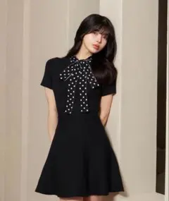 【Darich】リボン付き黒半袖ニットワンピース