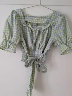 水色と黄色のチェック柄　クロップド丈　トップス サイズF