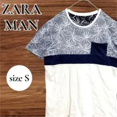 ZARA MAN 半袖Tシャツ　ネイビー　ホワイト　花柄　胸ポケット　S