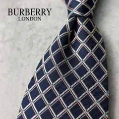 美品 BURBERRY LONDON ジャガード 格子柄 ネクタイ ネイビー 紺