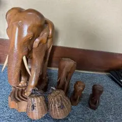 親子象　木彫り　オブジェ　工芸品　 アンティーク　アジアン　雑貨