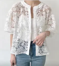 総レース　レースブラウス　カーディガン　七分　半袖 羽織り　ジャケット　白