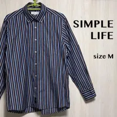 【SIMPLE LIFE】ストライプシャツ ボタンダウン 長袖 ネイビー【M】