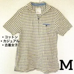 【限定セール】レディース　コットン地　黄色　チェック柄 半袖ポロシャツ　古着　M