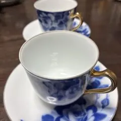OKURA 大倉陶園 ブルーローズ カップ＆ソーサー 2客 ペアセット 金彩