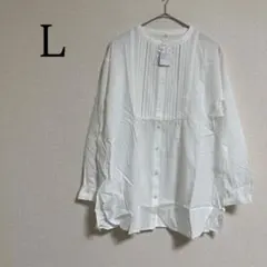 長袖シャツ チュニック レースシャツ L オフホワイト バンドカラー ピンタック