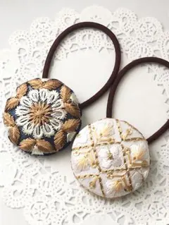 【No.144】インド刺繍 くるみボタン38㎜ ヘアゴム 2個セット