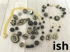 【A146】ishボツワナアゲート・ドイツビーズネックレス＆ブレス＆ピアス