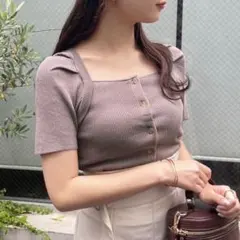 【NICE CLAUP】ショート丈 半袖 ボレロ風 ニット モカ