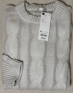 新品 GU ワイドケーブルクルーネックセーター オフホワイト M