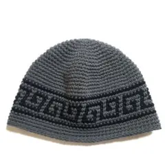 ビーニー　クロシェハット　クラッシャーハット　ニット帽　グレー×ブラック　雷紋柄