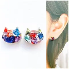 カラフルガラス8mm猫ピアス/イヤリング　人気　再販