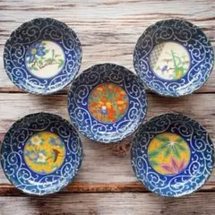 清風窯 /絵変わり小皿 /九谷手/銘々皿揃5枚セット/黄地花鳥/赤絵