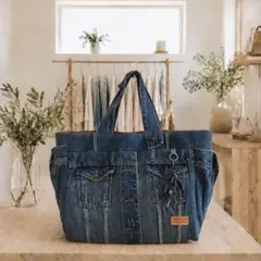 No.668 ハンドメイドバッグ デニムリメイクバッグ リメイクデニム