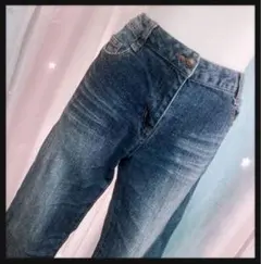 ハイウエスト ロング デニム パンツ ノーブランド カジュアル ダメージジーンズ