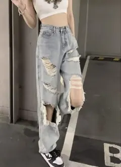 【未使用】ダメージデニムパンツ ワイド