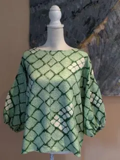 正絹　総絞り　緑　着物リメイク　トップス　プルオーバー　七分袖