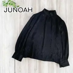 JUNOAH ハイネックギャザーブラウス　長袖　光沢感　ベルベット調