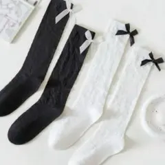 新品　フォーマル　ハイソックス　黒、白2足セット　レディース　女児　リボン靴下