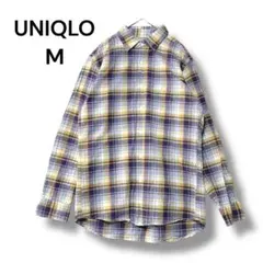 ユニクロ　フランネルシャツ　Ｍ　チェック柄　長袖　リネンブレンド　黄色　緑