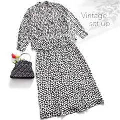 美品 ヴィンテージ 総柄セットアップ ロングワンピース 刺繍 黒 白 開襟 七分