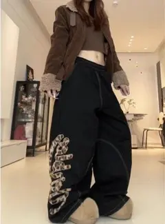 レオパード柄ファー装飾 ワイドデニムパンツ ブラック