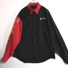 1090　EL GENERAL　長袖ワークシャツ　XL　黒赤　US古着　キラロゴ