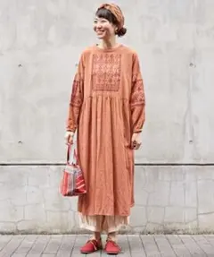 【チャイハネ】yul クロスステッチ刺繍ワンピース ブラウンエスニック民族