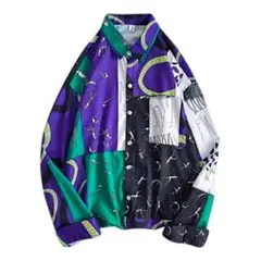 パープル×グリーン パッチワーク柄 長袖シャツ メンズ ユニセックス