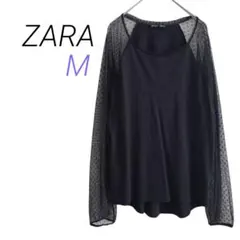 ZARA【M】ブラック レースシースルースリーブ 長袖トップス